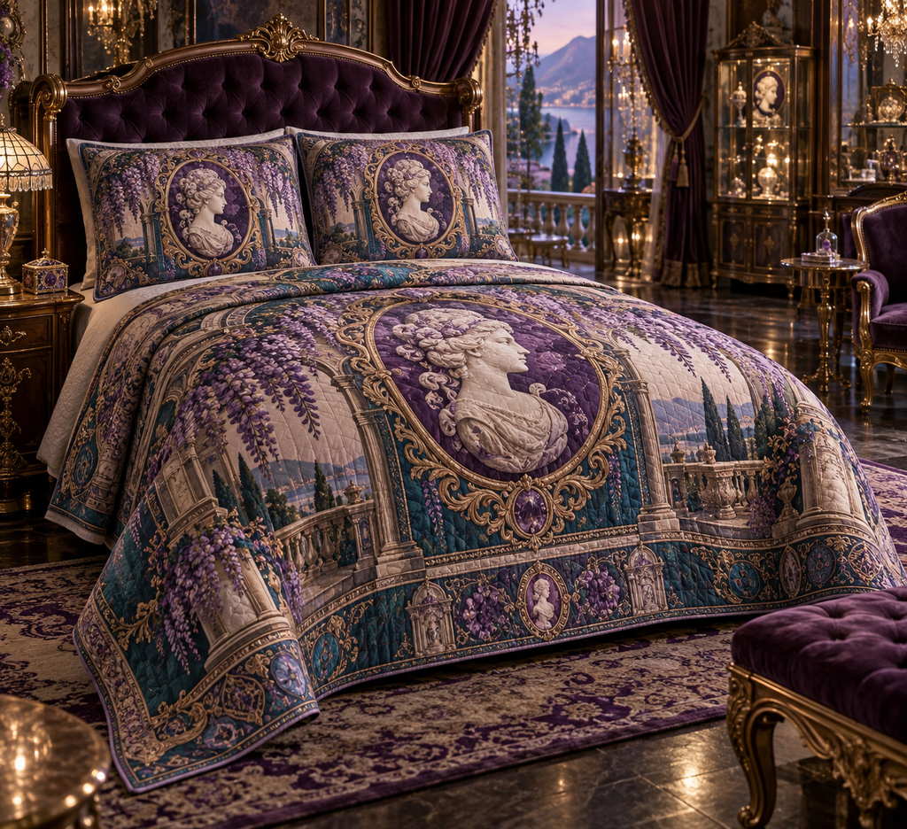 One quilted bedding set with an original Wisteria Amethyst Cameo Gallery, cascading blooms, jewel filigree and collector depth.