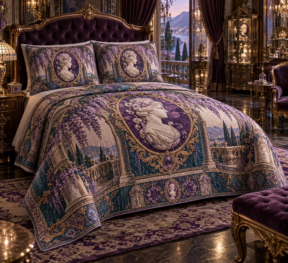 One quilted bedding set with an original Wisteria Amethyst Cameo Gallery, cascading blooms, jewel filigree and collector depth.