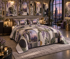 One quilted bedding set with an original Wisteria Prism Loft Gallery, layered botanical frames, opal windows and city-dusk depth.