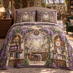 One quilted bedding set with an original Wisteria Maker Atelier Arch, layered maker tools, greenhouse skylights and studio depth.