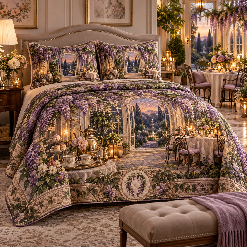 One quilted bedding set with an original Wisteria Candlelit Welcome Conservatory, amber lanterns, garden doors and hospitality depth.