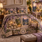 One quilted bedding set with an original Wisteria Candlelit Welcome Conservatory, amber lanterns, garden doors and hospitality depth.
