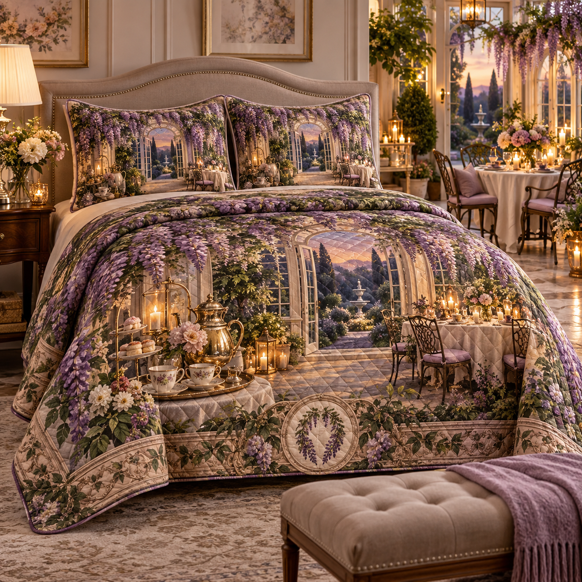 One quilted bedding set with an original Wisteria Candlelit Welcome Conservatory, amber lanterns, garden doors and hospitality depth.