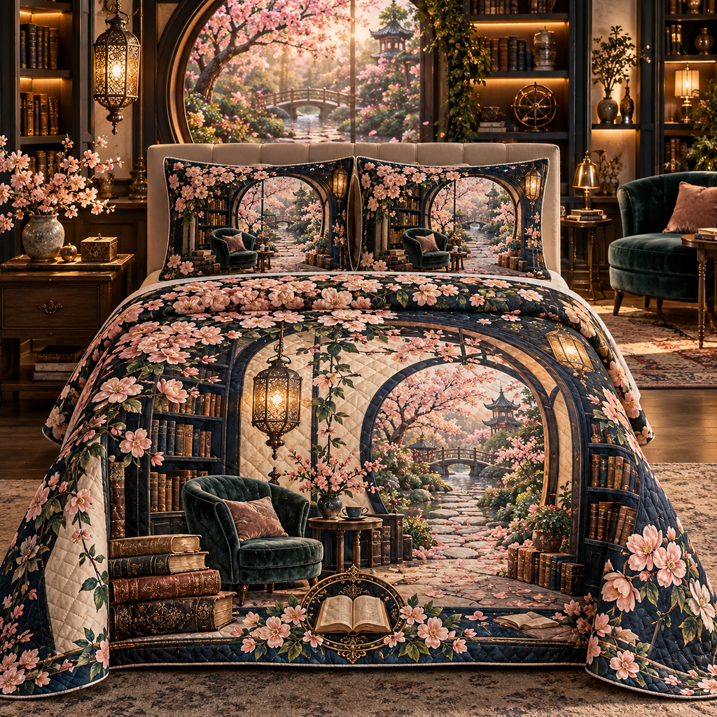 One quilted bedding set with an original Sakura Lantern Library Alcove, layered shelves, blossom path and reading depth.