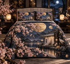 One quilted bedding set with an original Sakura Moon Gold Bedroom Pavilion, layered blossoms, gold moons and bedroom-statement depth.