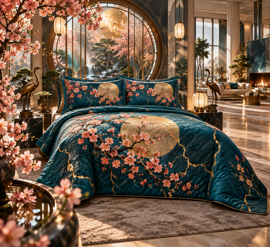 One quilted bedding set with an original Sakura Kintsugi Sunroom Gallery, layered portals, coral blossoms and living-room depth.