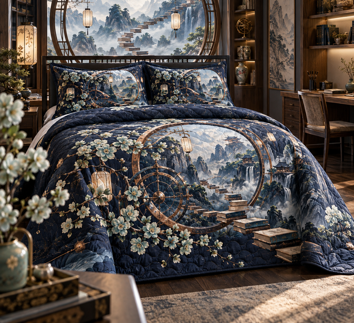 One quilted bedding set with an original Sakura Astrolabe Study Window, copper rings, floating books and home-office depth.
