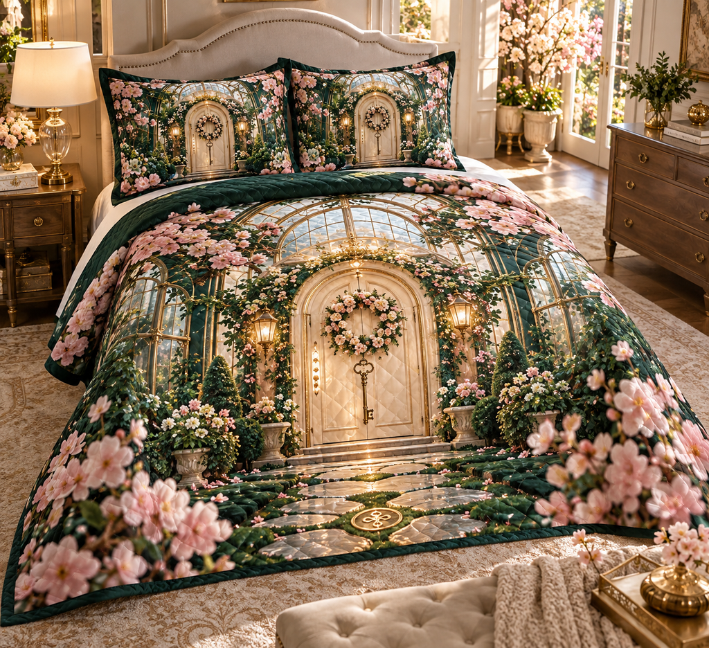 One quilted bedding set with an original Sakura Keyhouse Welcome Atrium, arched doors, glass gardens and new-home depth.