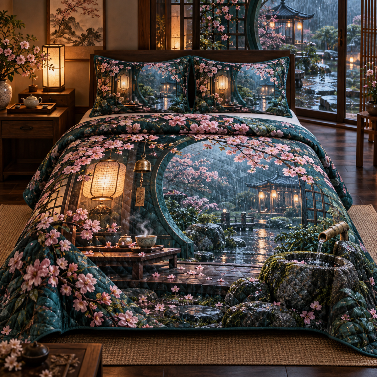 One quilted bedding set with an original Sakura Rainlight Tea Nook, crescent windows, lanterns and rainy-garden depth.