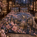 One quilted bedding set with an original Sakura Birthstone Curio Conservatory, jeweled blossoms, orrery rings and collector-gallery depth.