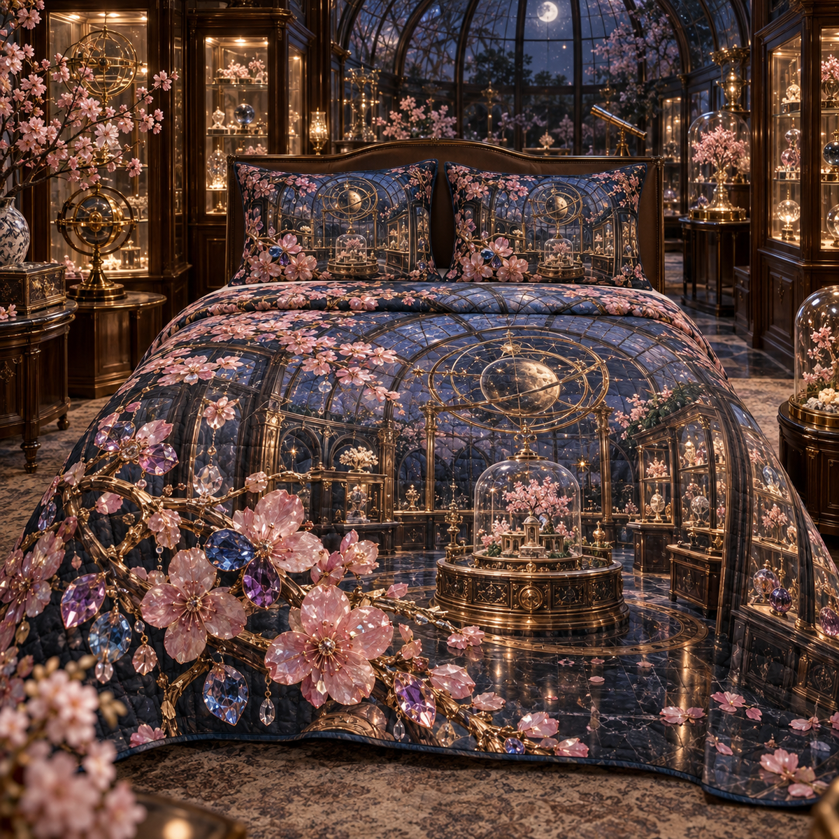 One quilted bedding set with an original Sakura Birthstone Curio Conservatory, jeweled blossoms, orrery rings and collector-gallery depth.