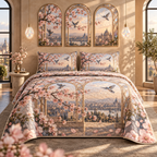 One quilted bedding set with an original Sakura Prism Triptych Loft, stained-glass blossoms, prism birds and apartment-gallery depth.