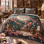 One quilted bedding set with an original Sakura Maker Atelier, lacquer cabinets, studio tools and skylit-workshop depth.