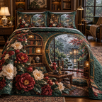 One quilted bedding set with an original Camellia Moonwindow Reading Conservatory, tea garden, books and rainlit depth.