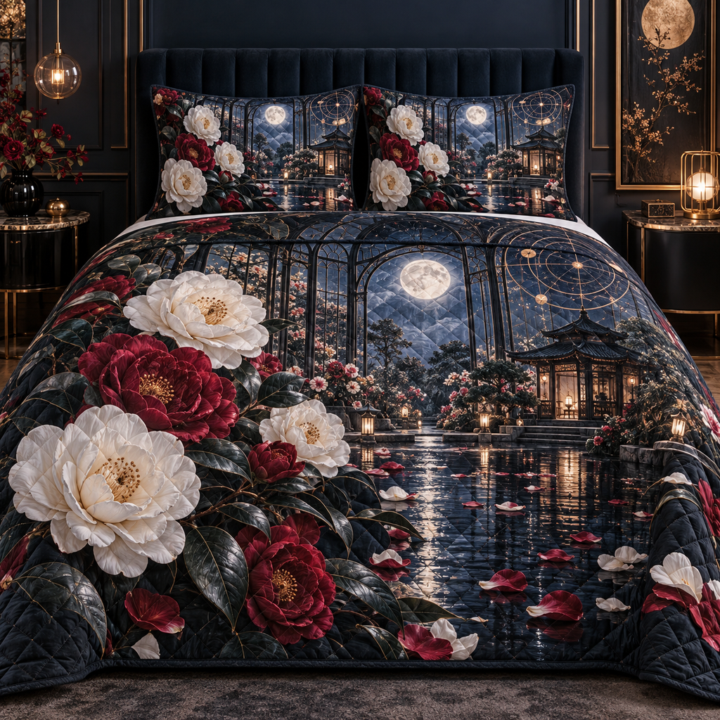 One quilted bedding set with an original Camellia Nocturne Glasshouse, monumental flowers, rose-gold arches and moonlit reflecting depth.