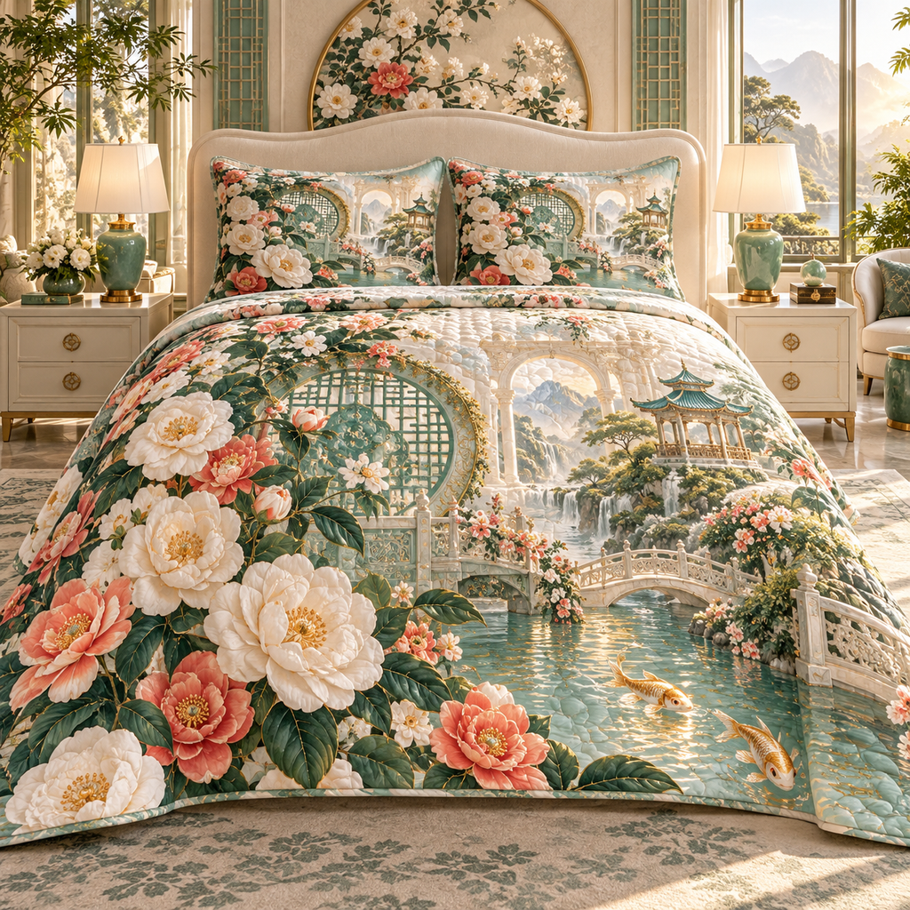 One quilted bedding set with an original Camellia Jade Cascade Salon, monumental flowers, jade fan screens and luminous garden depth.