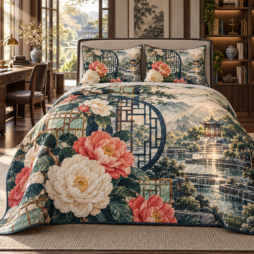 One quilted bedding set with an original Camellia Scholar Window Atrium, monumental flowers, ink-indigo windows and luminous garden depth.