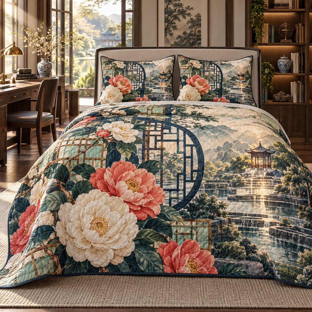 One quilted bedding set with an original Camellia Scholar Window Atrium, monumental flowers, ink-indigo windows and luminous garden depth.