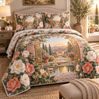 One quilted bedding set with an original Camellia Hearthgate Welcome Garden, monumental flowers, key arches and luminous new-home depth.