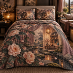 One quilted bedding set with an original Camellia Whispering Lantern Nook, layered tea alcove, camellias and luminous quiet-corner depth.