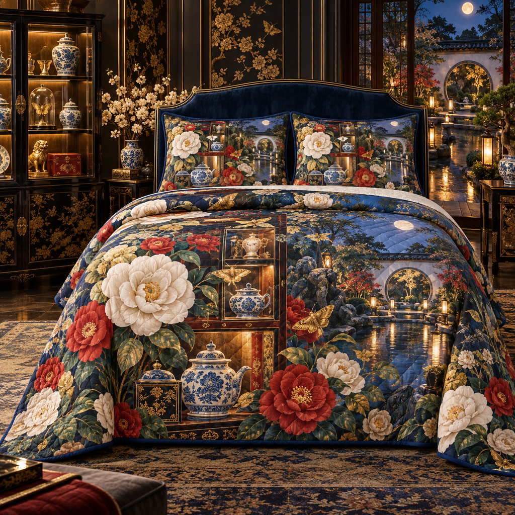 One quilted bedding set with an original Camellia Porcelain Cabinet Jubilee, rare tea vessels, glass domes and luminous collector-garden depth.