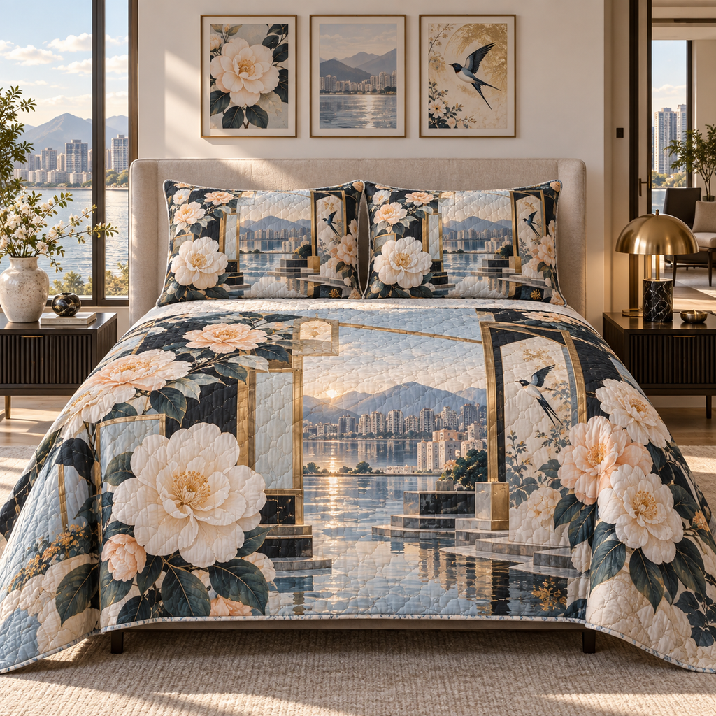 One quilted bedding set with an original Camellia Floating Gallery Arcade, floating frames, bird panels and luminous apartment depth.