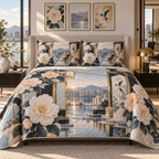 One quilted bedding set with an original Camellia Floating Gallery Arcade, floating frames, bird panels and luminous apartment depth.