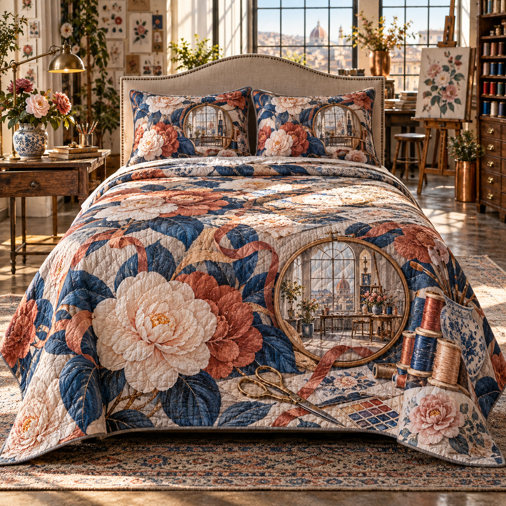One quilted bedding set with an original Camellia Maker Atelier Atrium, maker tools, camellias and luminous studio depth.