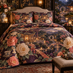 One quilted bedding set with an original Camellia Gracious Supper Pavilion, candlelit tea terraces, gifts and deep garden perspective.