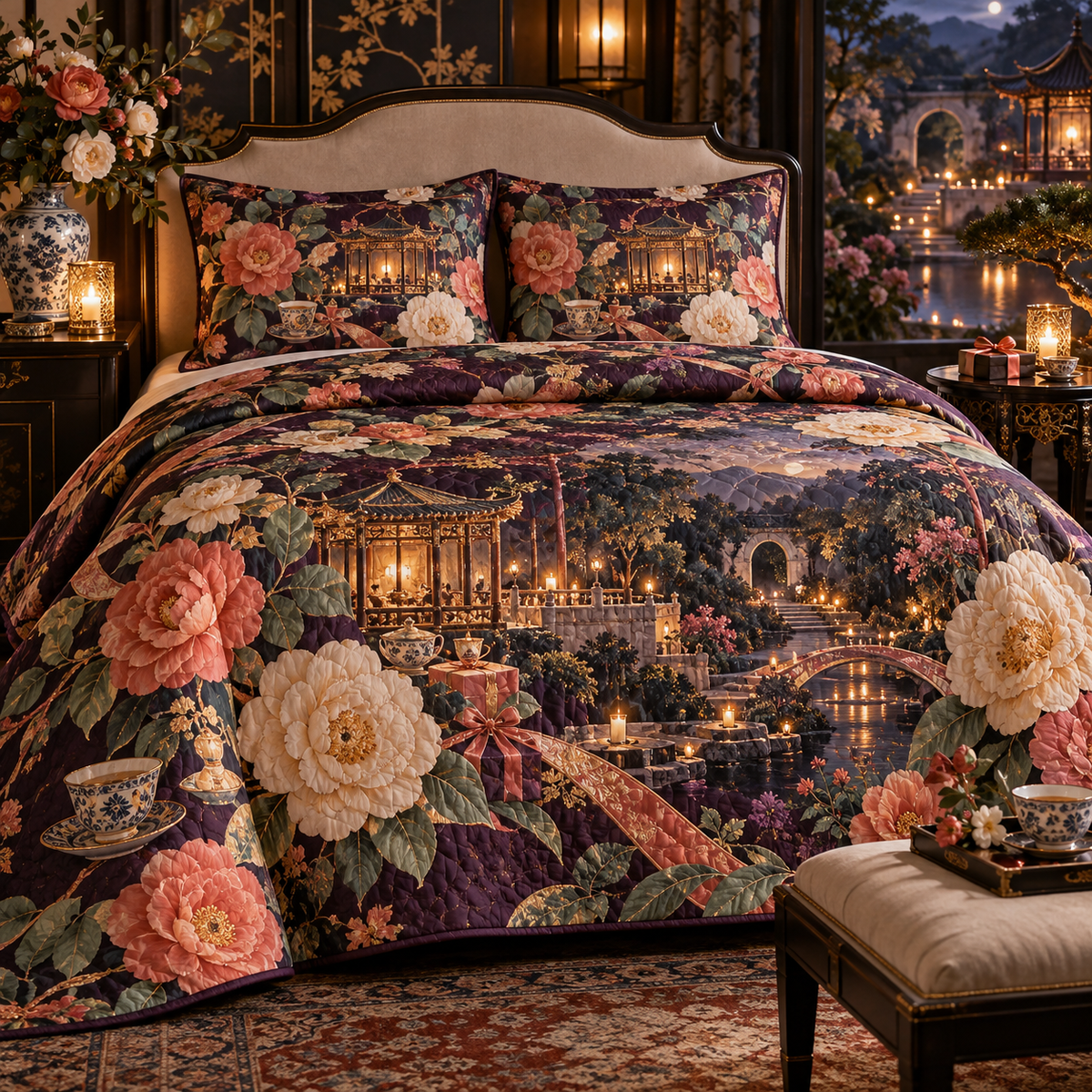 One quilted bedding set with an original Camellia Gracious Supper Pavilion, candlelit tea terraces, gifts and deep garden perspective.