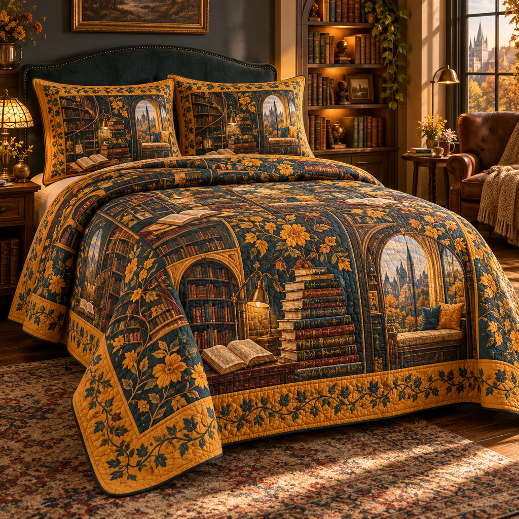 One quilted bedding set with an original Marigold Lanternleaf Library, open-book portals, spiral stacks and deep reading-nook perspective.