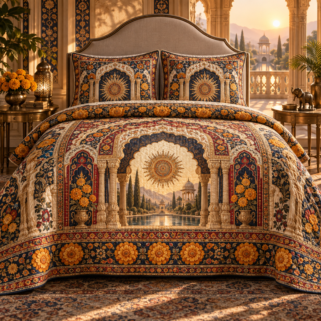 One quilted bedding set with an original Marigold Sunvault Canopy, sunburst medallions, mirrored niches and deep balcony perspective.