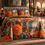 One quilted bedding set with an original Marigold Prism Salon, jewel arches, brass rings and deep conversation-terrace perspective.