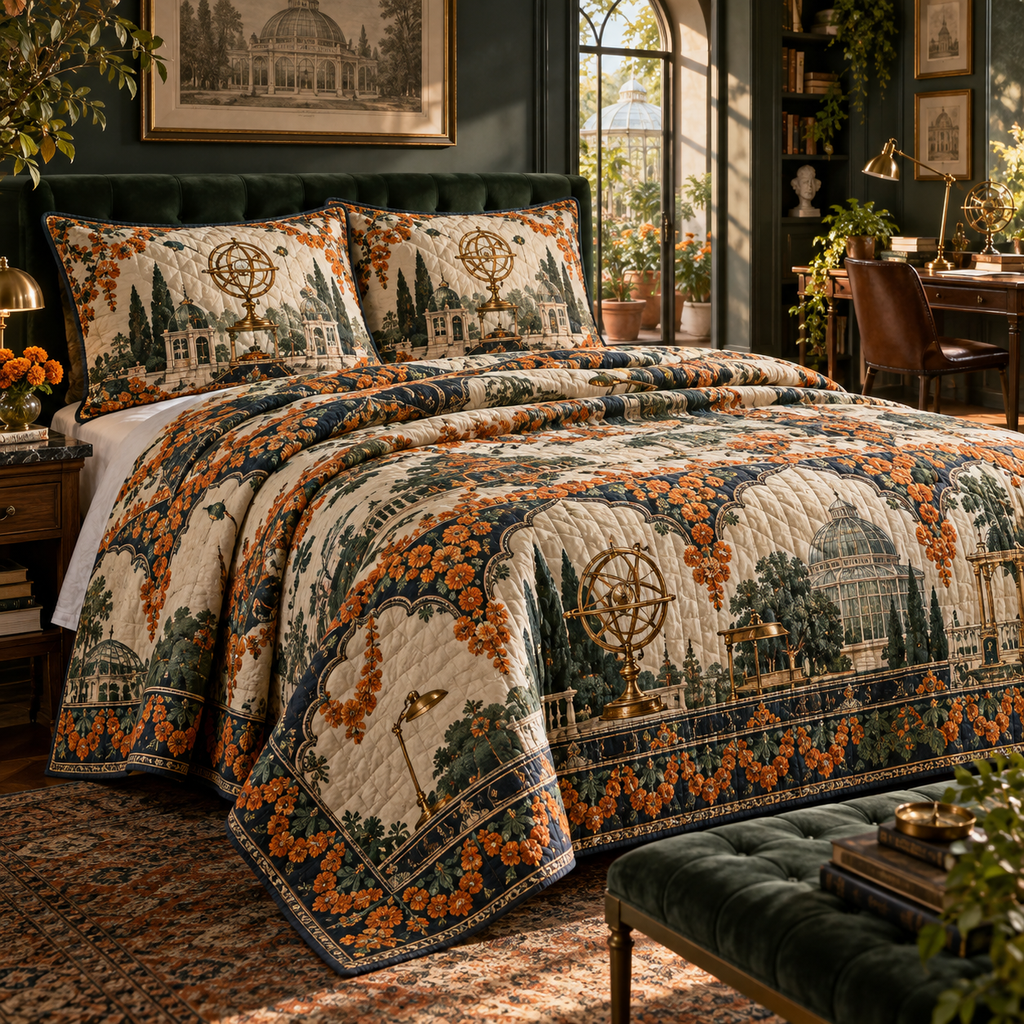 One quilted bedding set with an original Marigold Meridian Studio, brass orreries, architectural models and deep conservatory perspective.