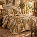 One quilted bedding set with an original Marigold Hearthkey Courtyard, marigold garlands, garden gates and lantern-lit depth.