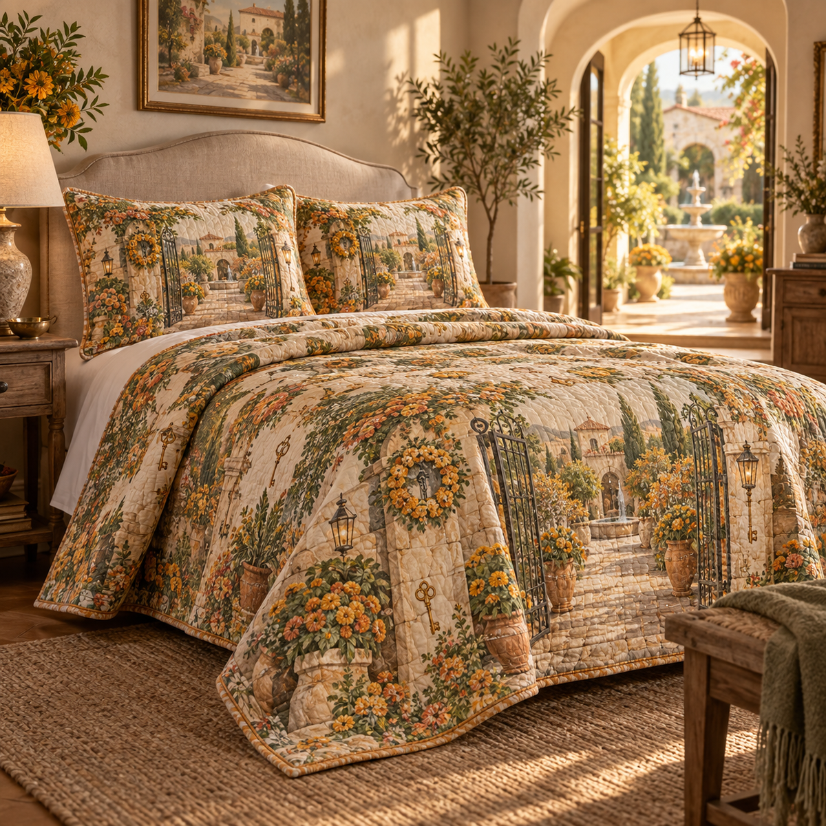 One quilted bedding set with an original Marigold Hearthkey Courtyard, marigold garlands, garden gates and lantern-lit depth.