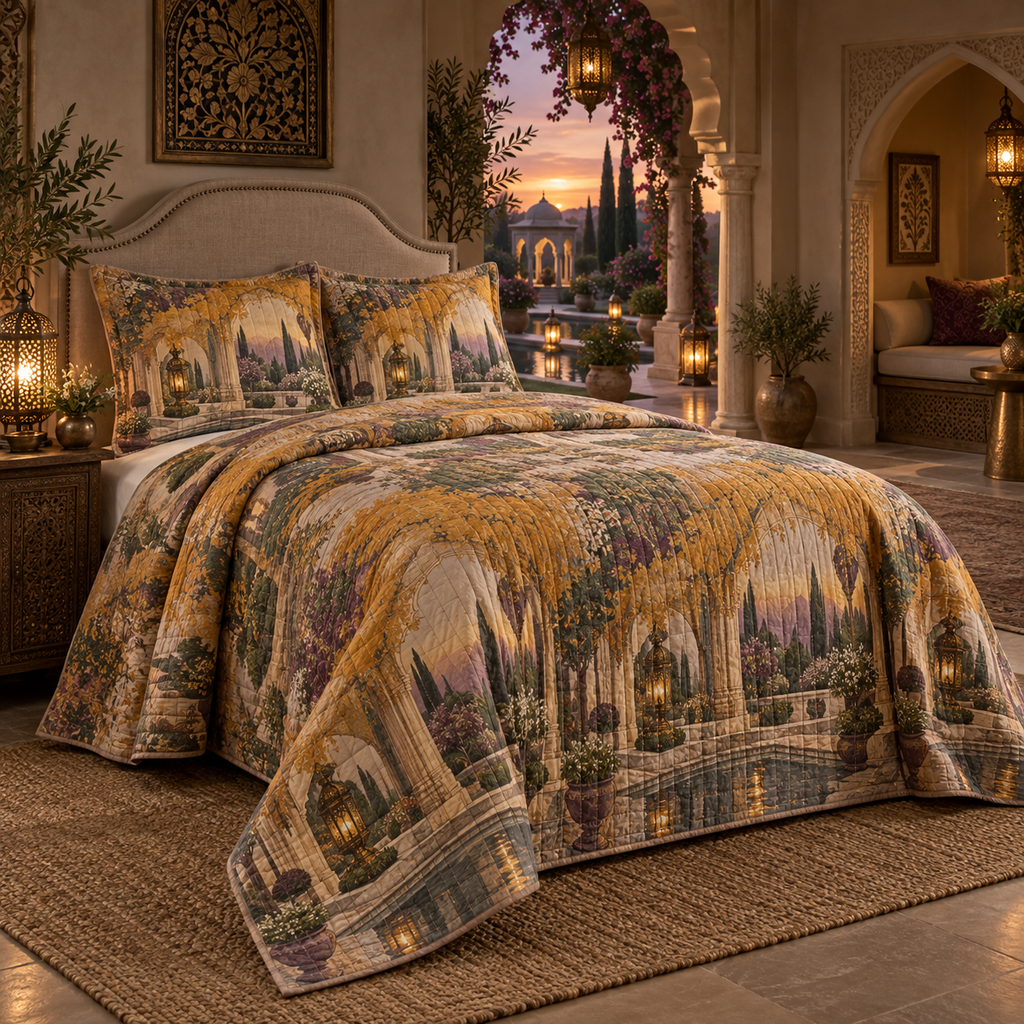 One quilted bedding set with an original Marigold Hushlight Alcove, bronze lanterns, reflecting pools and twilight-garden depth.