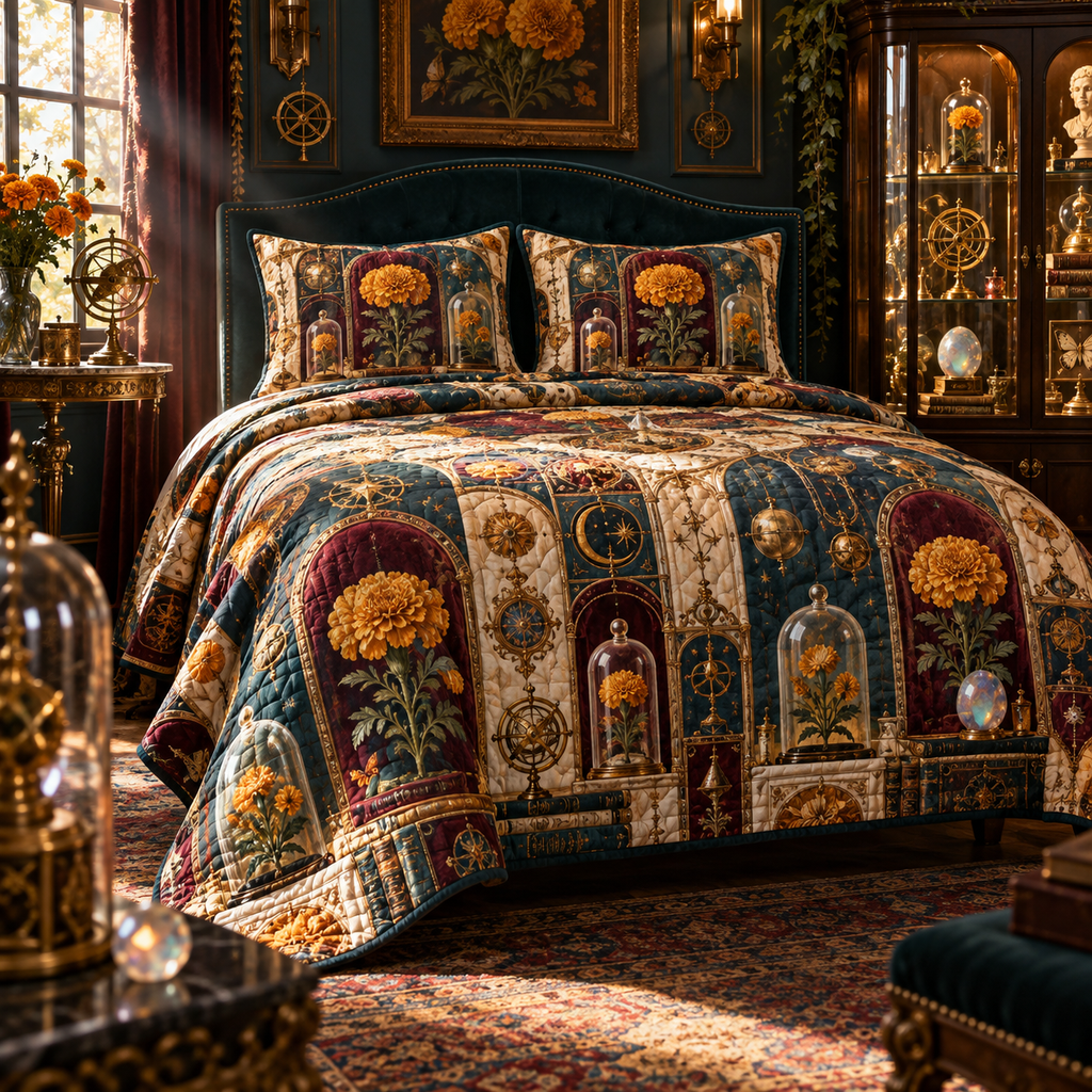 One quilted bedding set with an original Marigold Gilded Curio Jubilee, bell jars, brass astrolabes and jewel-lit gallery depth.