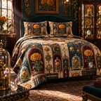 One quilted bedding set with an original Marigold Gilded Curio Jubilee, bell jars, brass astrolabes and jewel-lit gallery depth.