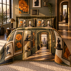 One quilted bedding set with an original Marigold Velvet Frame Loft, botanical salon frames and sunlit apartment-gallery depth.