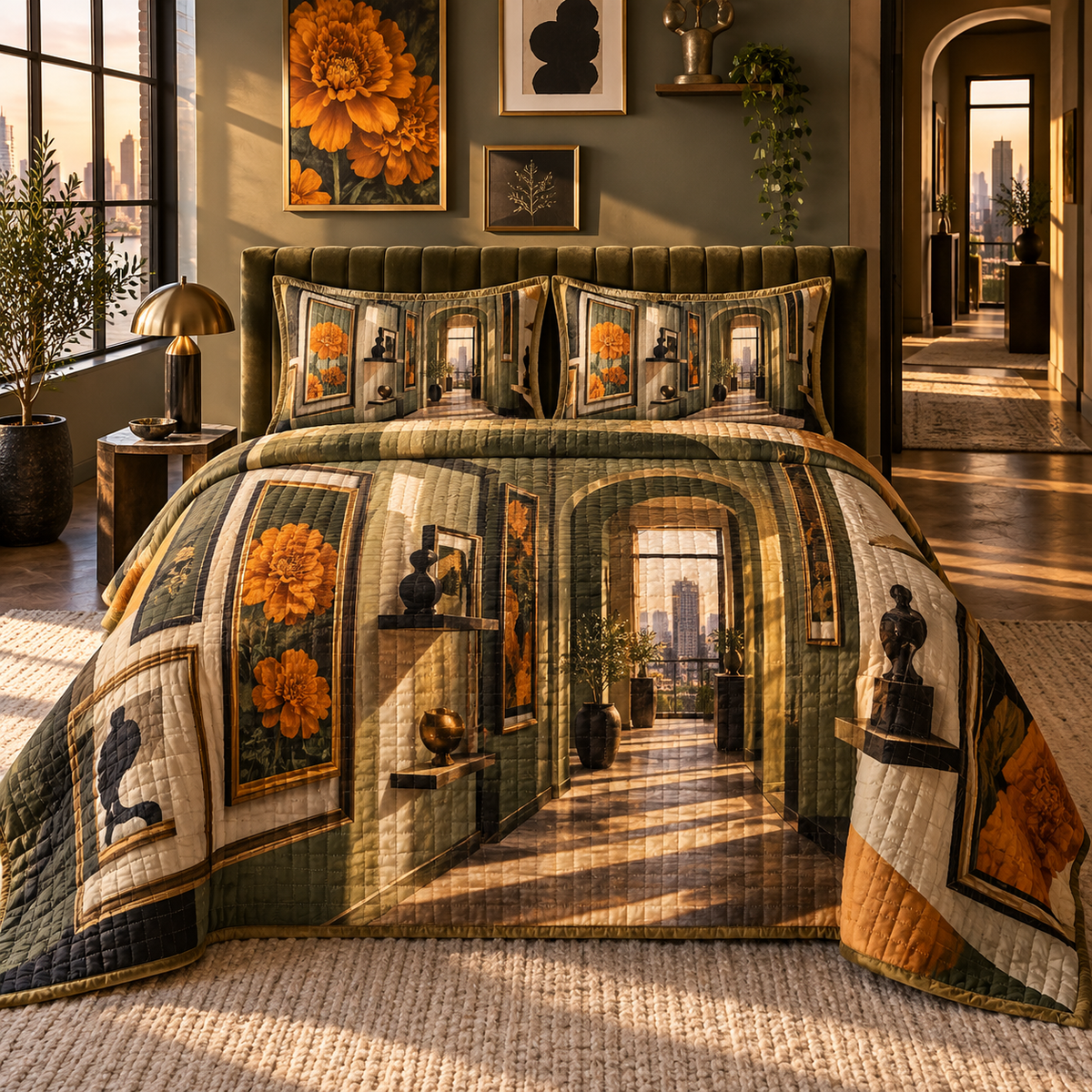 One quilted bedding set with an original Marigold Velvet Frame Loft, botanical salon frames and sunlit apartment-gallery depth.