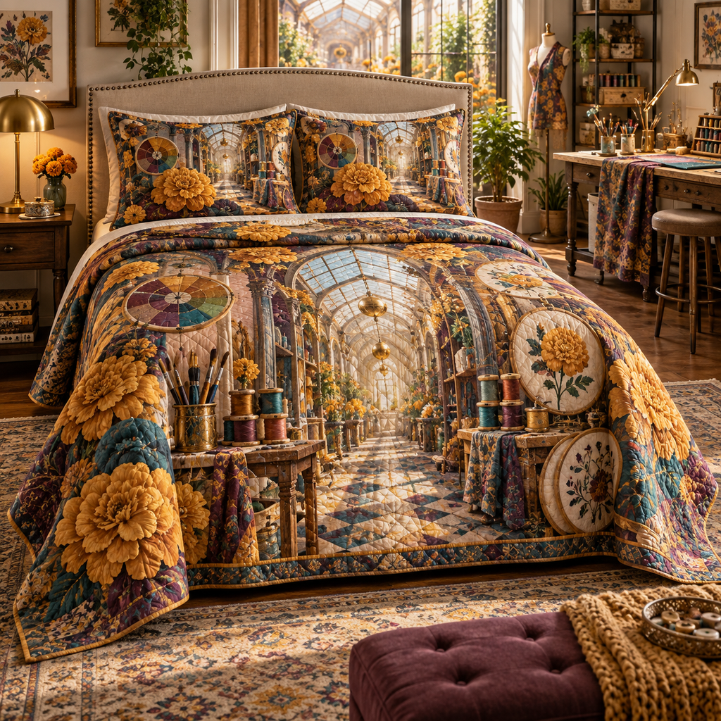 One quilted bedding set with an original Marigold Prismcraft Atelier, maker tools and luminous studio depth.