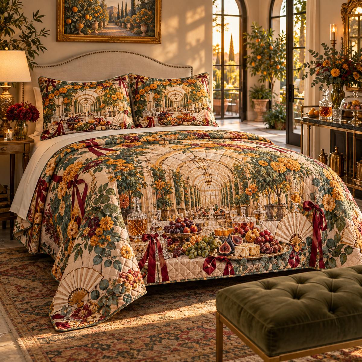 One quilted bedding set with an original Marigold Ribboned Supper Pavilion, host tablescape and glowing orangerie depth.