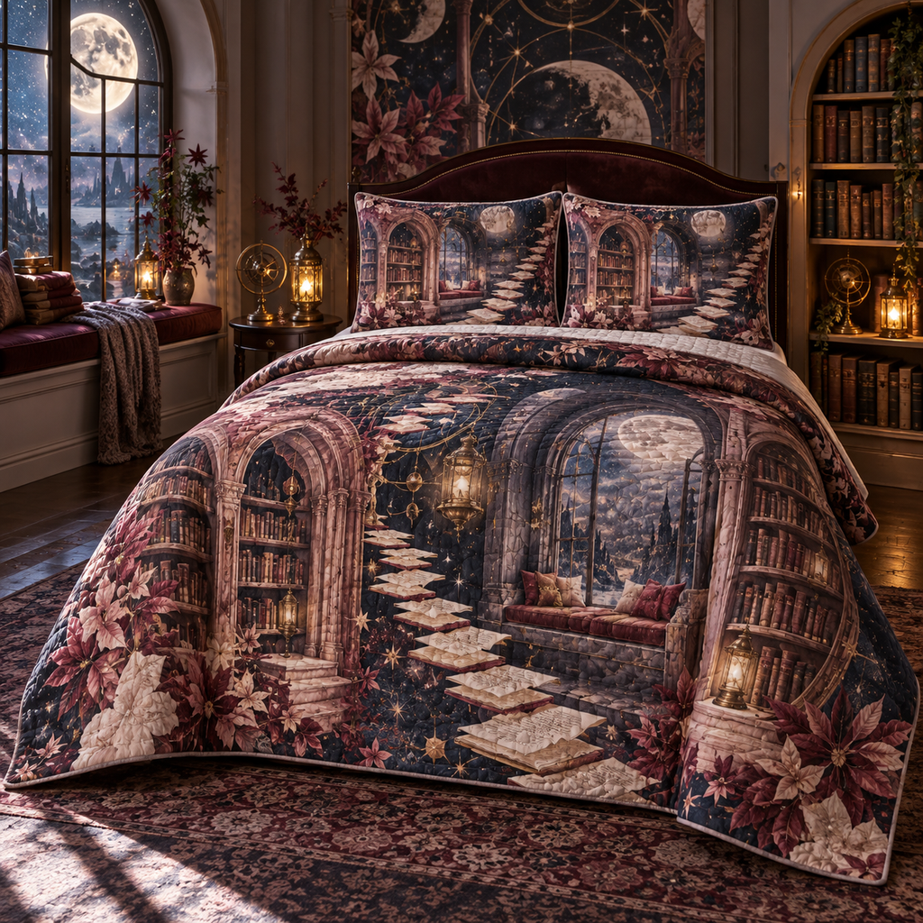One quilted bedding set with an original Cosmos Starleaf Reading Arcade, moonlit bookshelves and layered floral depth.