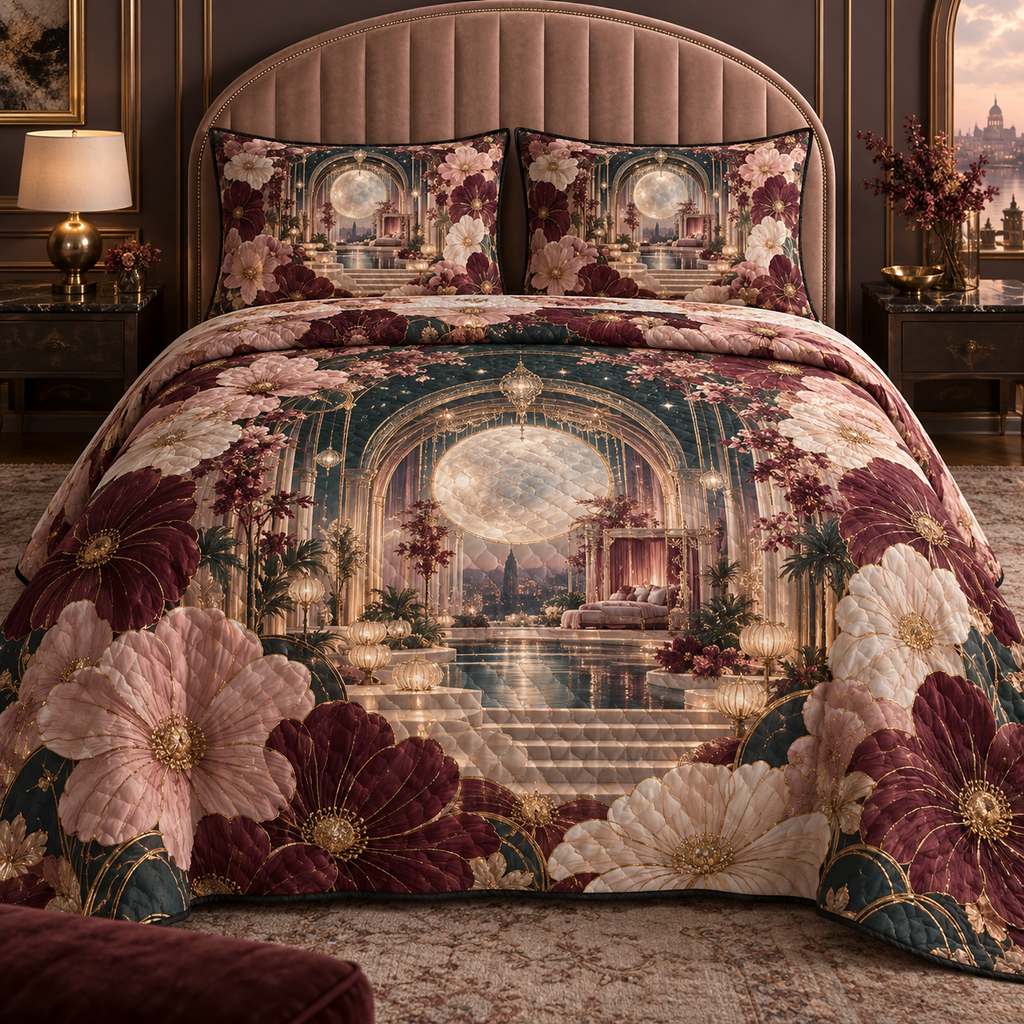 One quilted bedding set with an original Cosmos Gilded Mooncanopy Salon, layered flowers and luminous architectural depth.