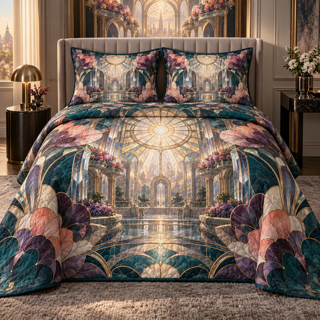 One quilted bedding set with an original Cosmos Prismglass Grand Salon, layered flowers and luminous architectural depth.