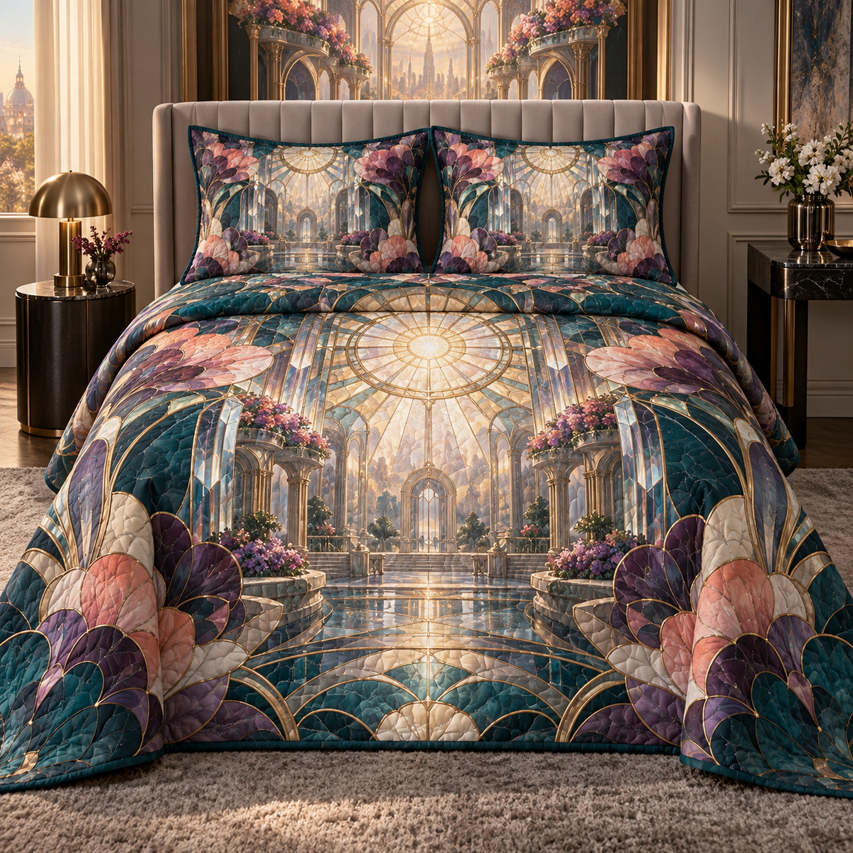 One quilted bedding set with an original Cosmos Prismglass Grand Salon, layered flowers and luminous architectural depth.