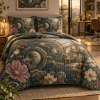 One quilted bedding set with an original Cosmos Lenslight Workroom, layered flowers and luminous botanical-studio depth.