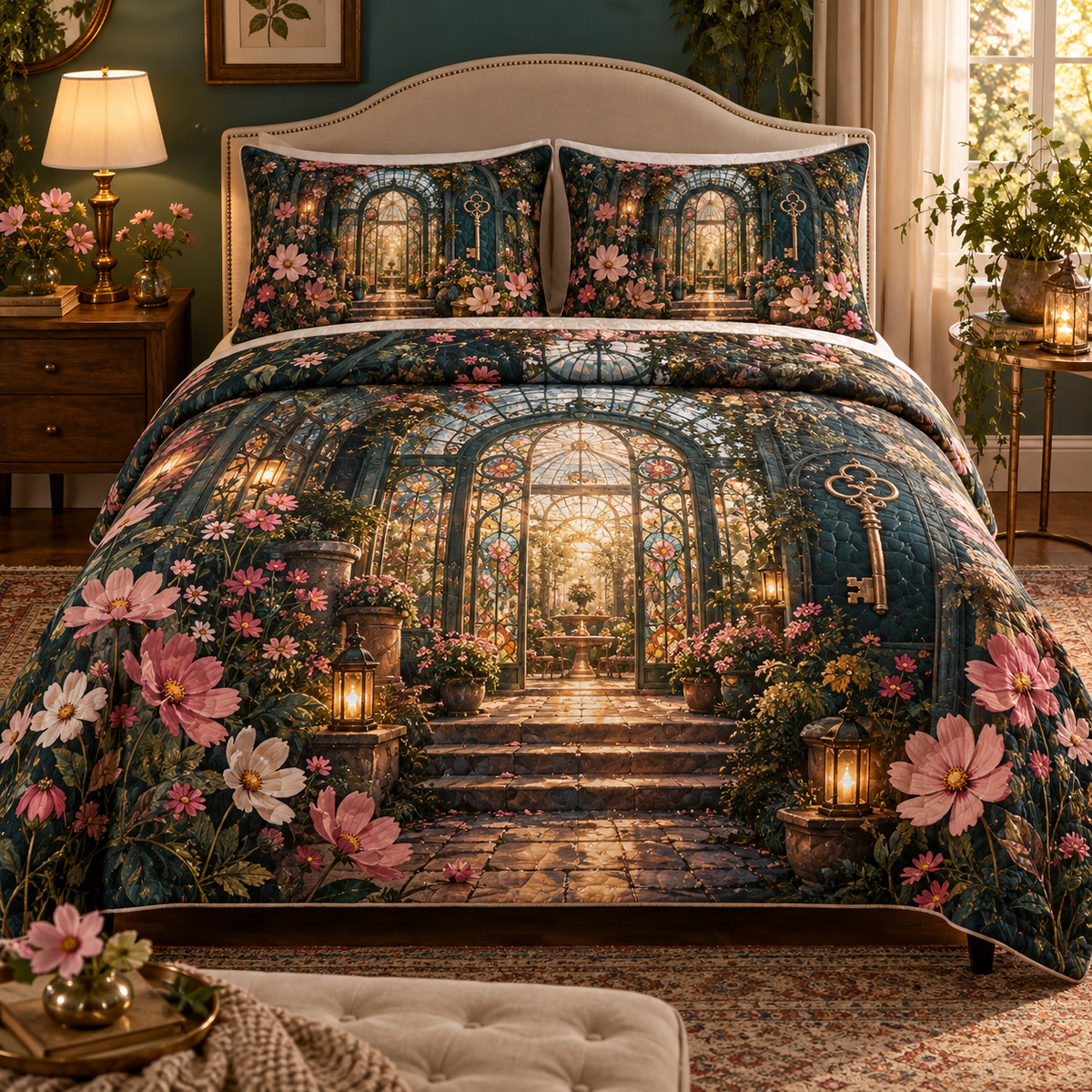 One quilted bedding set with an original Cosmos Hearthkey Conservatory, layered flowers and luminous botanical-studio depth.