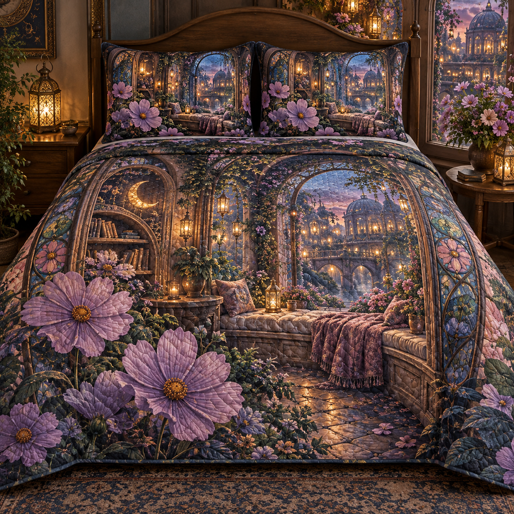 One quilted bedding set with an original Cosmos Sunhush Window Nook, layered flowers and luminous botanical-studio depth.